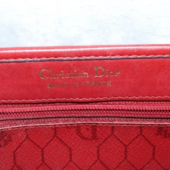Christian Dior Honeycomb Canvas Shoulder Bag PVC Red Gold Auth 134766